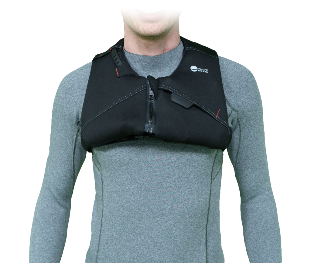 Rise Buoyancy Aid being worn by a user. It's clearly placed high on the chest, away from any gear used for watersport.